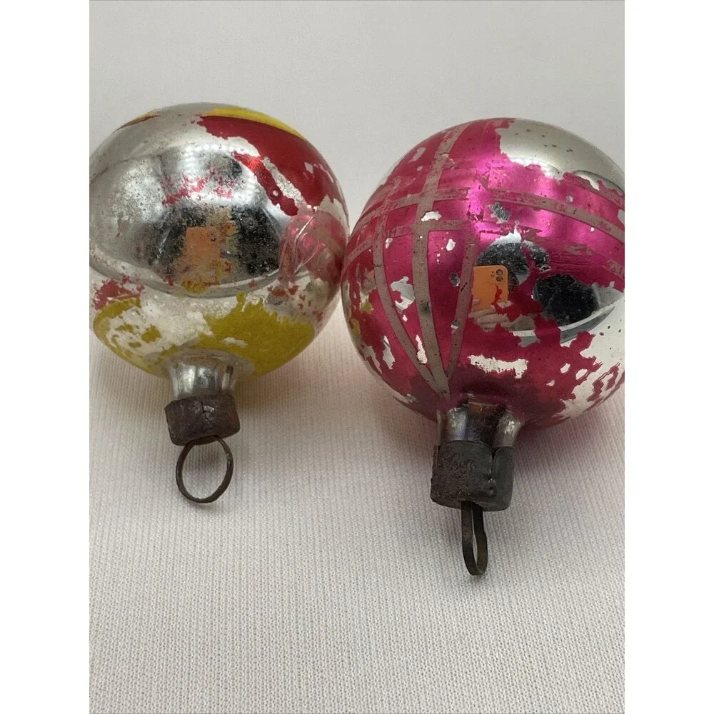 2 Vintage Mercury Glass Painted Christmas Ornaments Floral Striped Holiday Tree